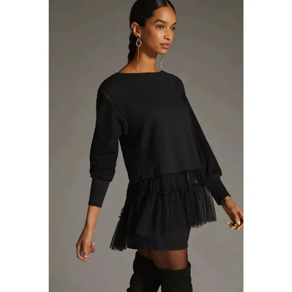 Anthropologie Black Tulle Sweatshirt Sheer Swiss Dot Ruffle Lace Oversized MED - Image 2