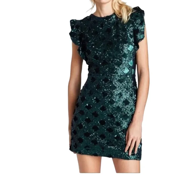 Zara Green Sequined Ruffled Sleeve Mini Dress Blogger Favorite XS Glam Party - Image 3