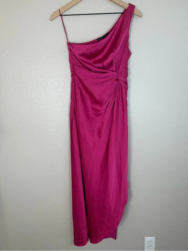 Abercrombie & Fitch Satin One Shoulder Knotted Midi Dress Fuchsia XS NEW $130 - Image 8