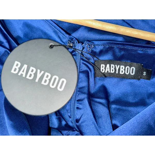 NWT Babyboo Juliene Navy Blue Satin Draped Cowl Neck Maxi Dress Womens Size S - Image 15