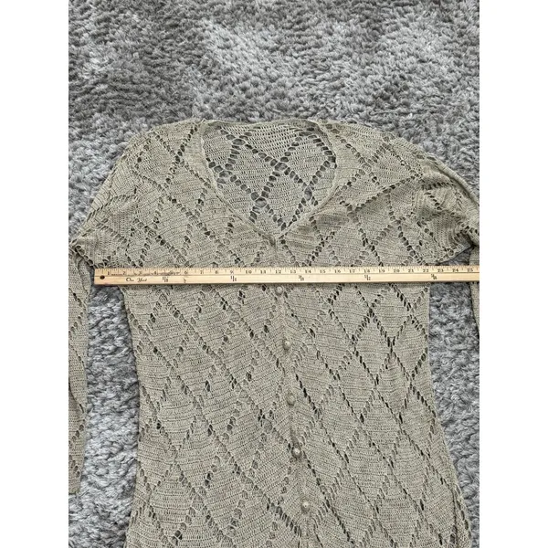 Womens Crochet Knit Cardigan Long Duster Metallic Beige Fringe Boho Cover Up L - Image 11