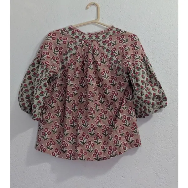 New THML Vintage Floral Patchwork Fringed Lace-Up Blouse XS shirt - Image 3
