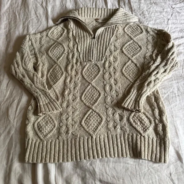 Free People Driftwood Cableknit Polo Sweater in Ivory Size Large - Image 3
