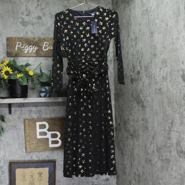 NWT Tommy Hilfiger Womens Printed Ruched-Waist Dress A4IJ114A Black / Gold 2 - Image 5