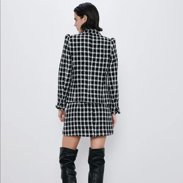 Zara TEXTURED TWEETED Houndstooth Blazer w/POCKETS BLACK/WHITE NEW - Image 12