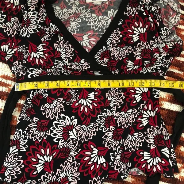 Y2K Vintage Whimsygoth Wrap Top Belted Babydoll V-Neck Blouse Shirt Floral Asymmetrical Hem Short Sleeve USA Made Red White Black-M Measurement in pics Great condition - Image 7