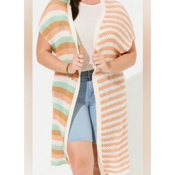 Torrid Long Open-Knit Cardigan Sweater Striped Multicolor Size 1X/2X Pastels - Image 8
