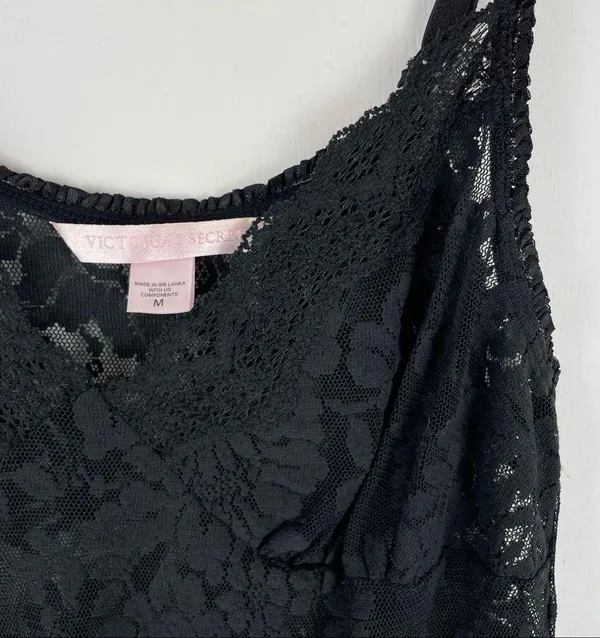 Victoria’s Secret Black Floral Lace Slip Dress Medium Ruffle Hem Sexy Lingerie - Image 3