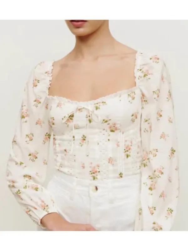 Reformation Isadora Floral Balloon Long Sleeve Smocked Top Corset Embroidered - Image 2