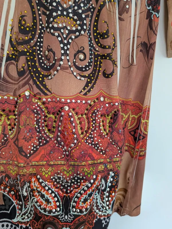 Paisley Rhinestone Embellished Boho Mini Dress Long Sleeve S - Image 6