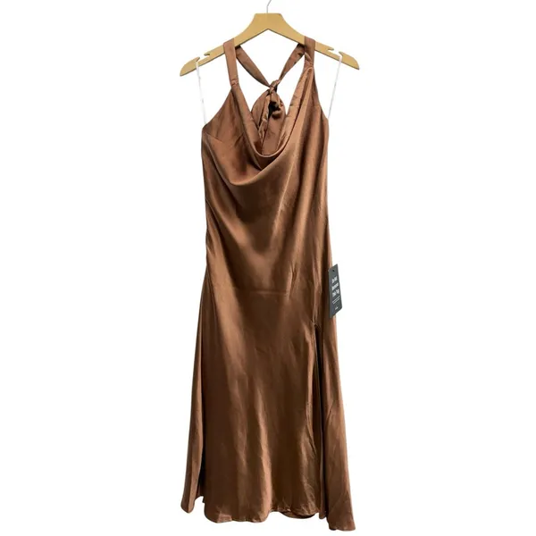 Lulus Sophisticated Impression Brown Satin Backless Cowl Midi Dress size L NWT - Image 4