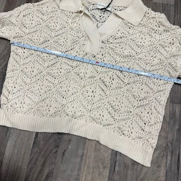 Cream crochet knit collared pointelle sweater Size M - Image 4