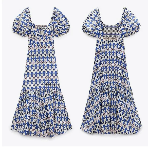 Zara Blue White Printed Short Puff Sleeve Smocked V-Neck Midi A-line Dress Sz L - Image 4