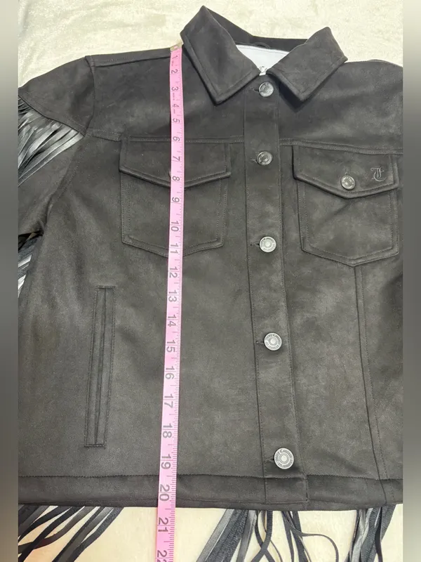 Juicy Couture Black Faux Suede Fringe Trucker Jacket Size Medium - Image 15