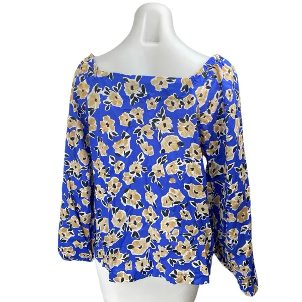 Ann Taylor Women's Blue Floral Long Puff Sleeve Square Neck Blouse Top Size L - Image 2