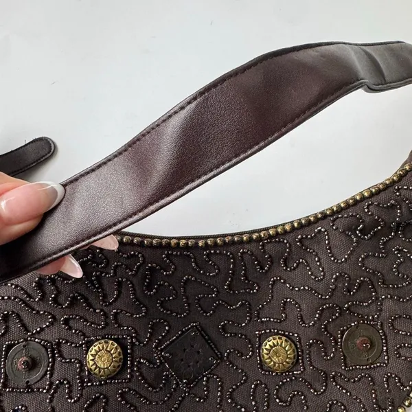 Beaded Made In India Brown Crescent Mini Shoulder Bag Party Purse Zipper Y2K - Image 4