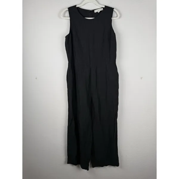 Loft Women's Jumpsuit Black‎ Linen Blend Sleeveless Wide Straight Pockets Size 8 - Image 3