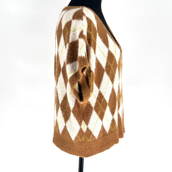 Free People Sweater Vest Women's Through the Motion Argyle Boxy Tan Cream Medium - Image 7