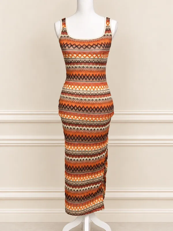 Y2K Boho Geometric Open-Knit Bodycon Maxi Dress Small Missoni Inspired Boho Chic - Image 2