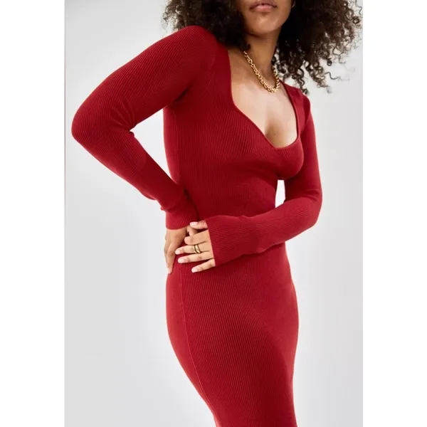 Aritzia Wilfred Tuscany Bodycon Ribbed Midi Dress in Red. Size XXS - Image 2
