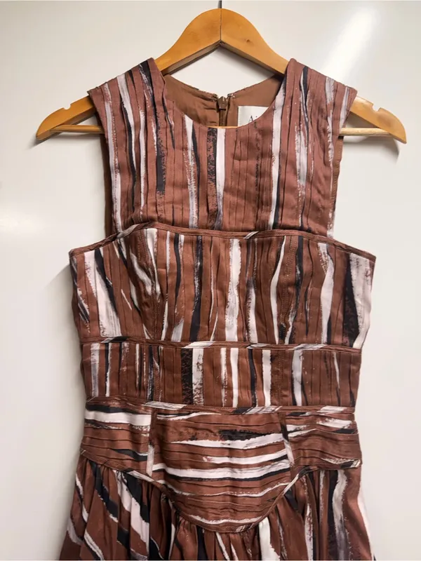 NEW Aje Gabrielle Stripe Pleated Linen Blend Midi Dress brown black small (8) - Image 6