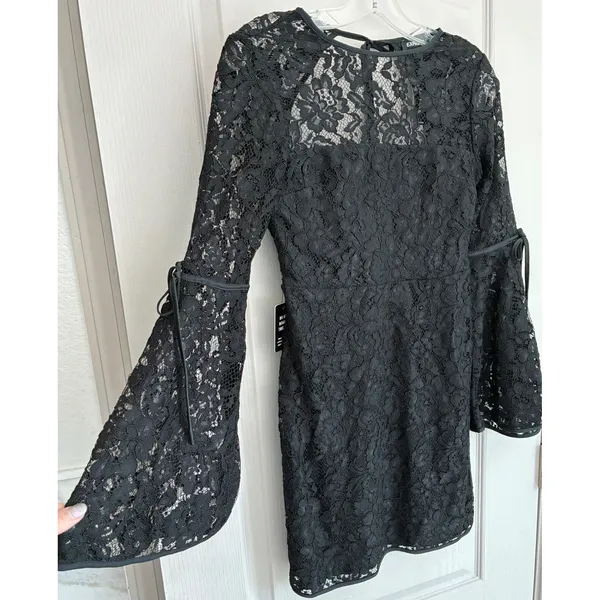 Express Womens 2 Black Floral Lace‎ Bell Sleeve Open Back Mini Dress - Image 8
