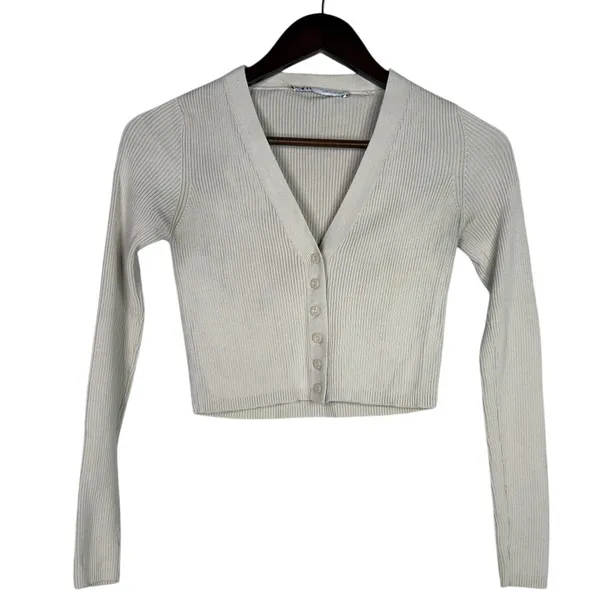 Zara Cropped V Neck Long Sleeve Fitted Ribbed Knit Button Down Sweater XS Beige - Image 10