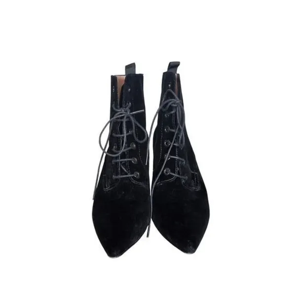 ALEXACHUNG Black Velvet Lace Up Ankle Boots 40 Pointed Toe Victorian Heels - Image 4