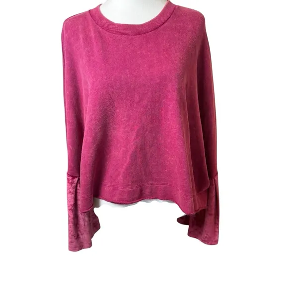 Free People Glorious Sweatshirt XS‎ Bell Velvet Sleeves Oversized Cropped Maroon - Image 5