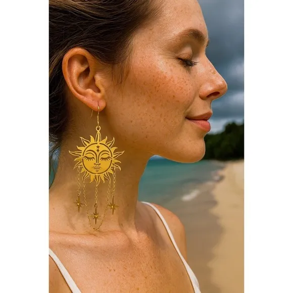 Gold Sun Face Dangle Earrings Celestial‎ Star Chain Drop Boho Jewelry new - Image 2