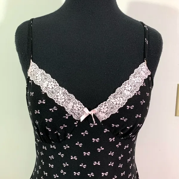 Apt. 9 Intimates Black and Pink Lace Bow Print Coquette Mini Slip Dress - Image 2