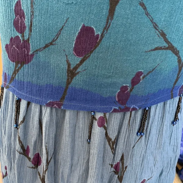 Vintage 90s Ombre Blue Dark Floral Crinkle Dress Short Sleeve Maxi‎ Festival - Image 8
