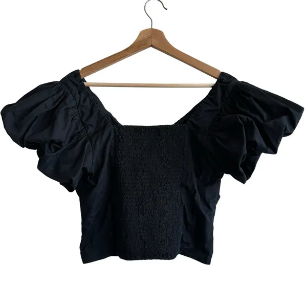 Abercrombie & Fitch Black Puff Sleeve Babydoll Top L Cropped Smocked Coquette - Image 3