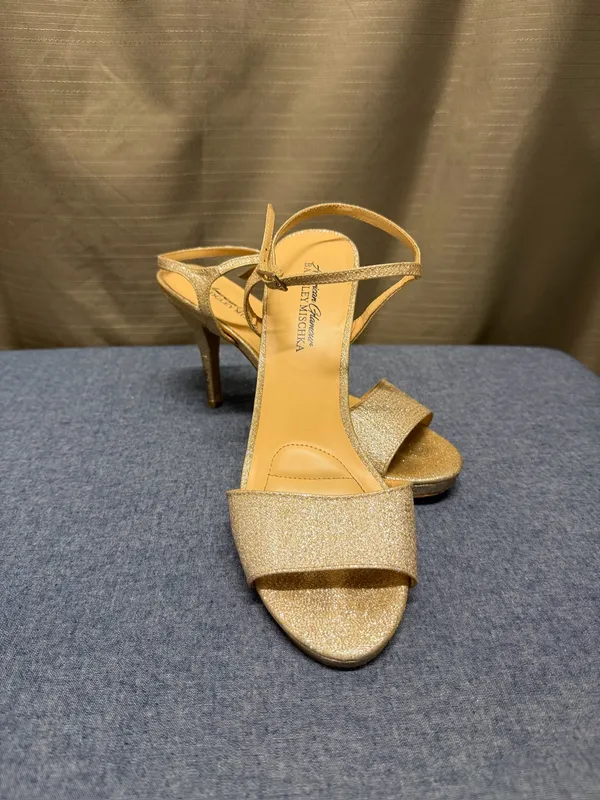 Badgley Mischka American Glamour Gold Glitter High Heel Sandals with Ankle Strap - Image 16