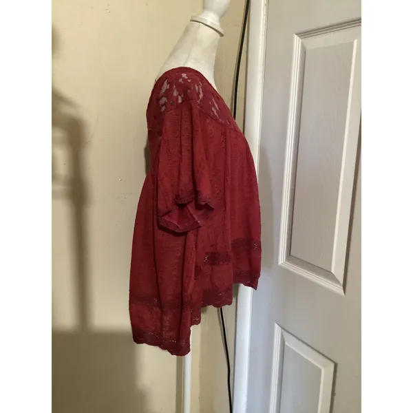 Free People Burgundy Red Lace Inset Open Knit Boho Blouse Top Womens Medium - Image 3
