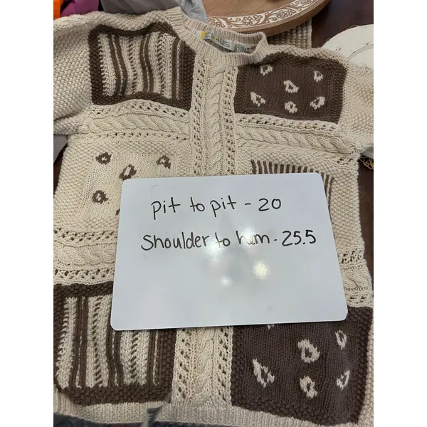 CHAUS Women's Size M Patchwork Knit Sweater Cream‎ Brown Cable Knit - Image 4