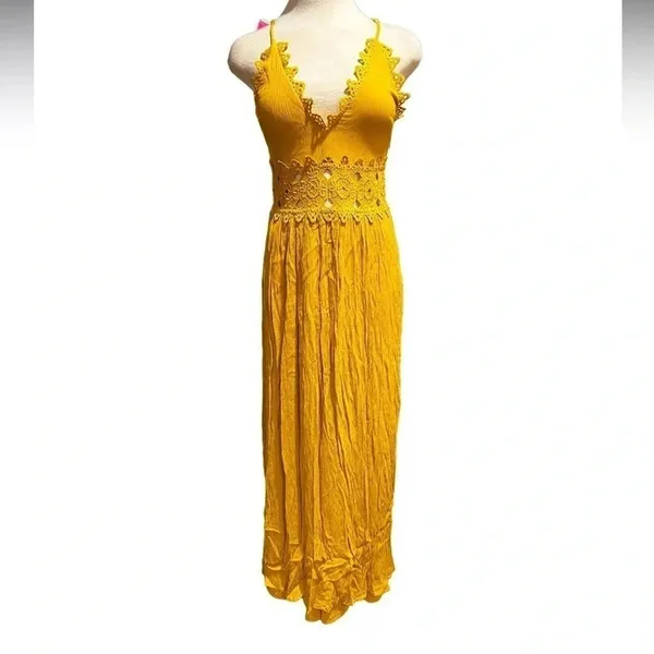 Lulu's Small This Love Mustard Yellow Lace Maxi Dress Size S - Image 2