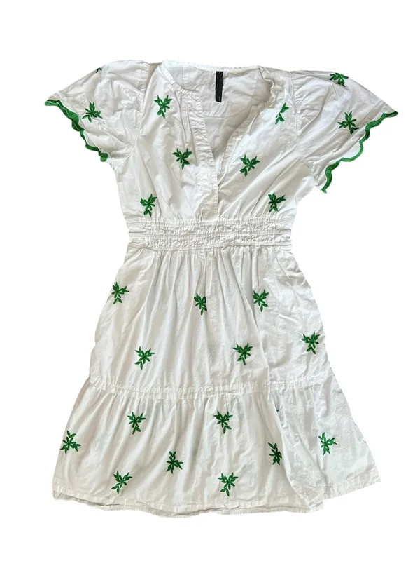 Anthropologie Women’s Somerset White Green Embroidered Cap Sleeve Mini Dress S - Image 2