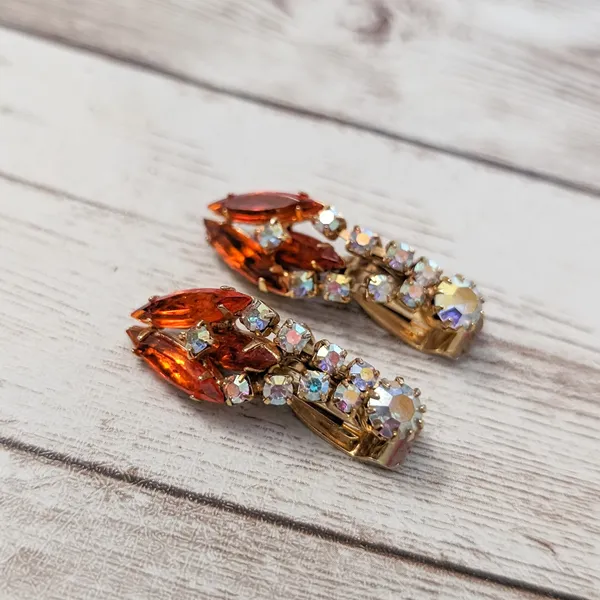Vintage Clip On Earrings - Unusual Statement Orange & Iridescent Gems - Image 4