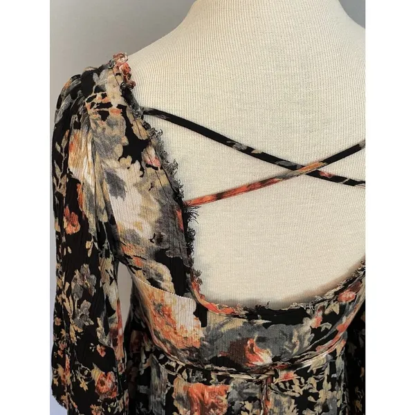 Free People Mini Dress Sz XS Heart Of Gold Dark Floral Boho Bell Sleeve Fairy - Image 16