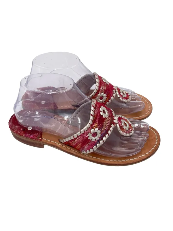 Jack Rogers Navajo Flat Metallic Red Silver Whipstitch Leather Thong Sandals 7 N - Image 2