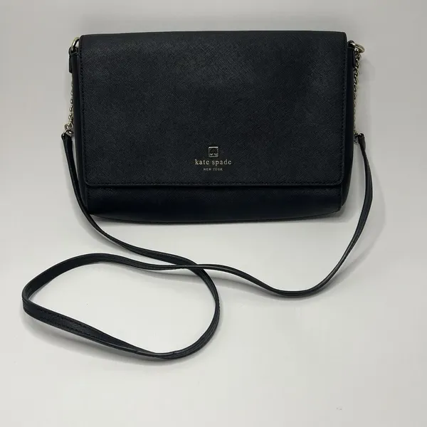 Kate Spade Crossbody Bag Black Purse Gold Chain Detail Snap Cow Hide Leather - Image 2