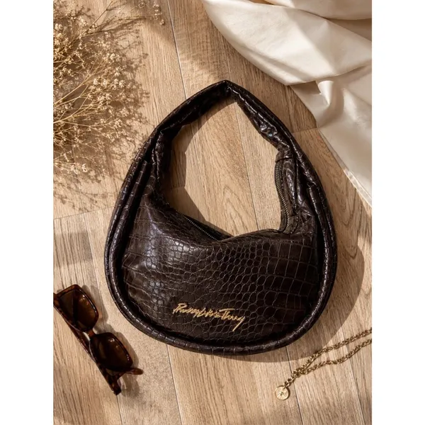 PrettyLittleThing Brown Faux Croc Embossed Hobo Shoulder Bag Y2K Slouchy Purse - Image 2