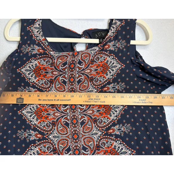 AUW Cold Shoulder Shift Dress Size 12 Navy Orange Paisley Boho 3/4 Sleeve 459477 - Image 10