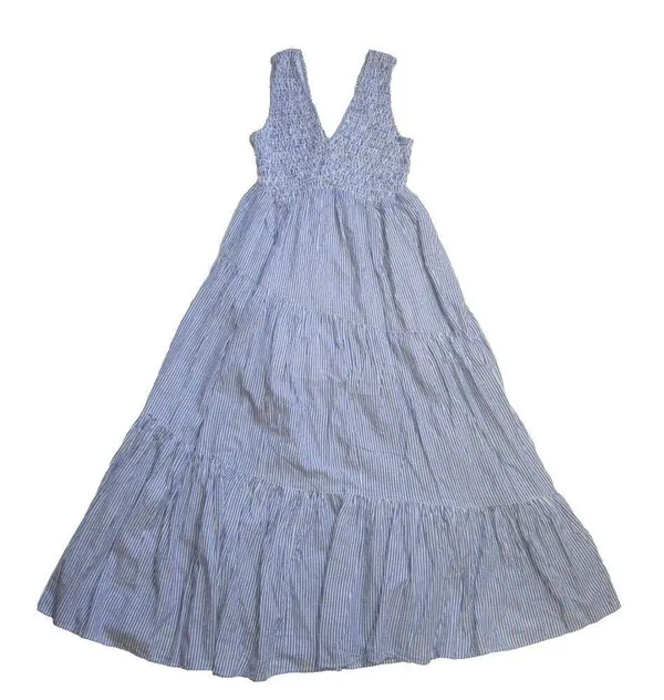 NWT Free People Juno Maxi in Ivory Blue Striped Cotton Smocked Dress S - Image 4