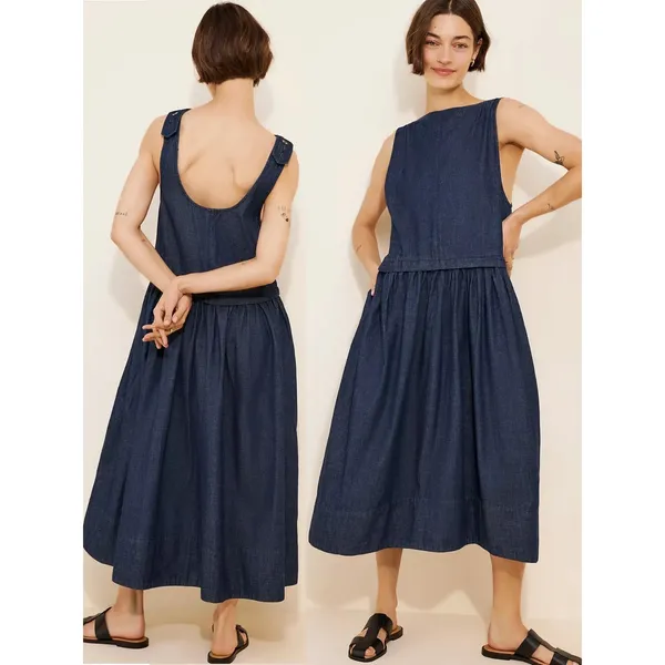 Free People Retro 90s Soraya Dark Denim Drop Waist Midi Jumper Dress Size Large - Image 4