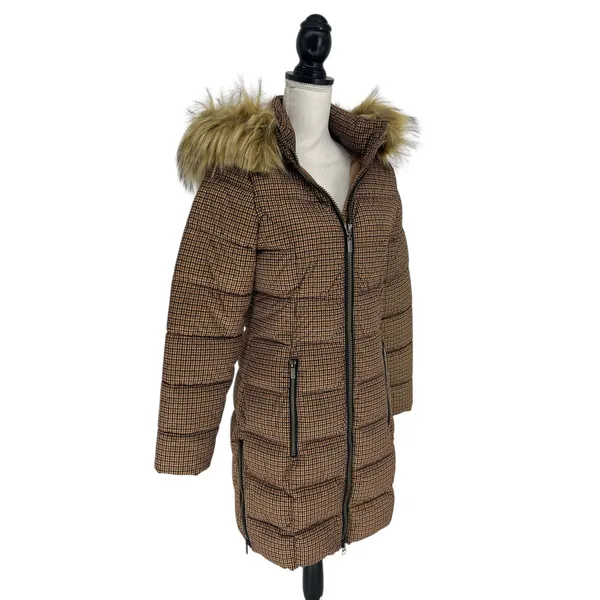 C-RO Denmark Houndstooth‎ 2-Way Stretch Puffer Coat with Faux Fur Hood Size 4 - Image 10