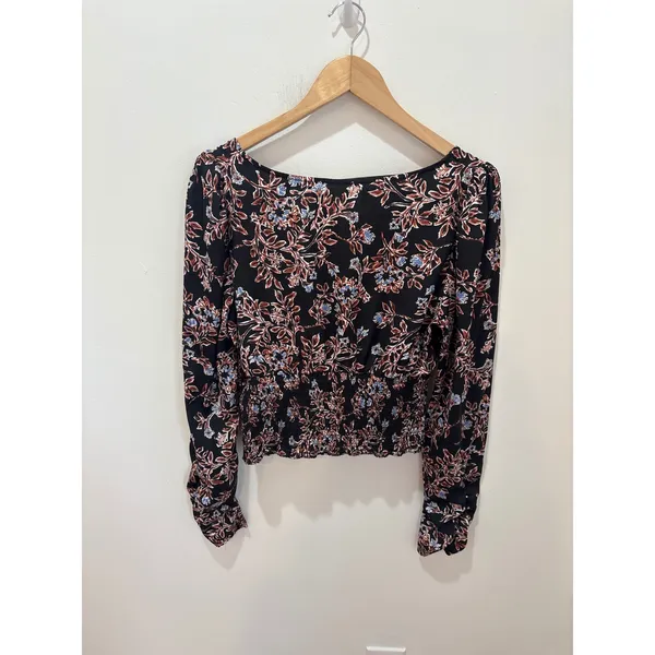 Free People‎ Floral Smocked Waist Square Neck Long Sleeve Blouse Black Large - Image 4