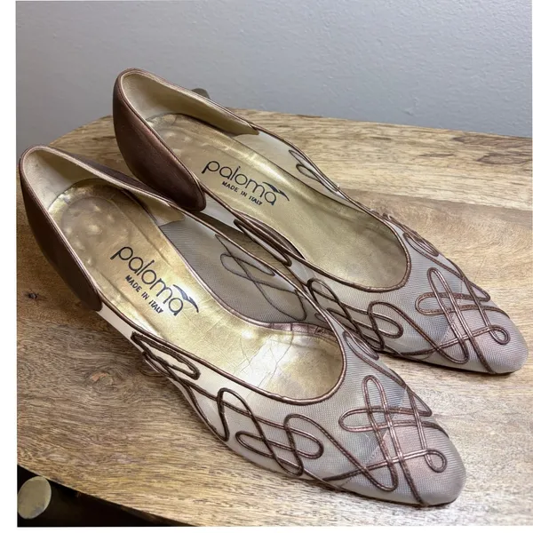 Vintage Paloma Italy Bronze Mesh Kitten Heels 8.5B Soutache Y2K Needs Repair - Image 2