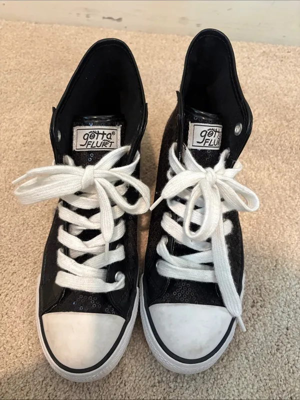 Black Sequined High-Top Sneakers with White Laces - Image 3